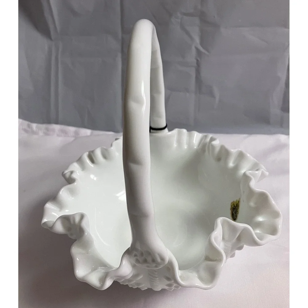 Authentic Mint Condition Vintage Fenton Milk Glass Hobnail Ruffled Basket w/Tags